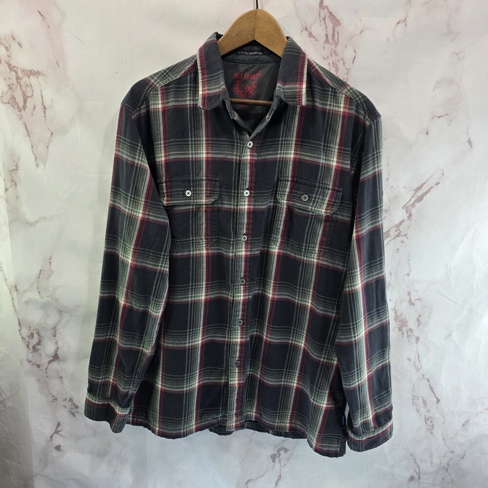 Kuhl Shirt Mens Large Black Red Gray Button Up Long Sleeve Cotton